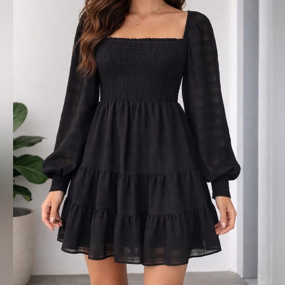 Streetwear Society Black Square-Neck Smocked Tiered Long-Sleeve Dress